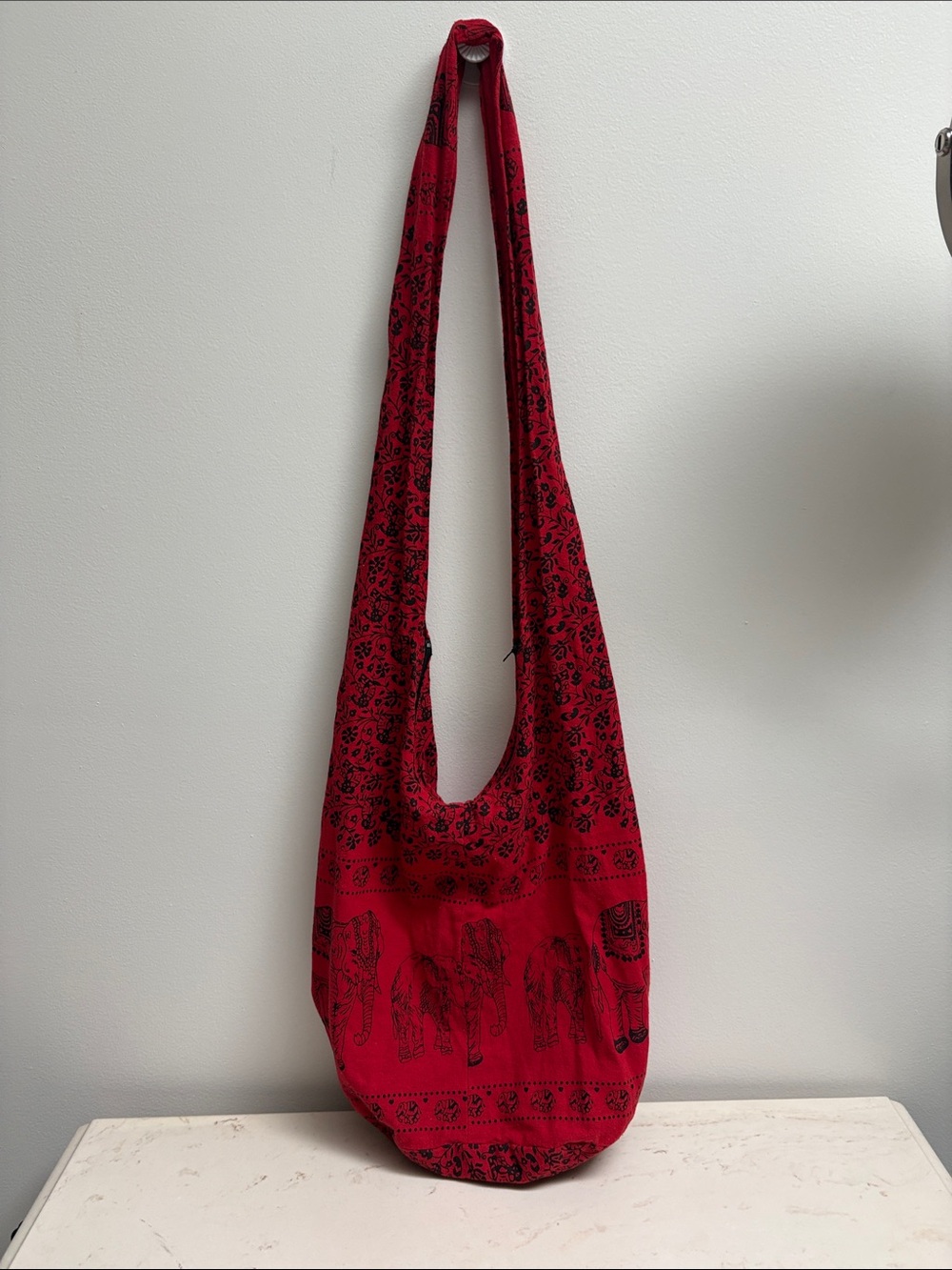 Verada Red & Black Elephant Graphic Hobo Crossbody Sling Thai Bag